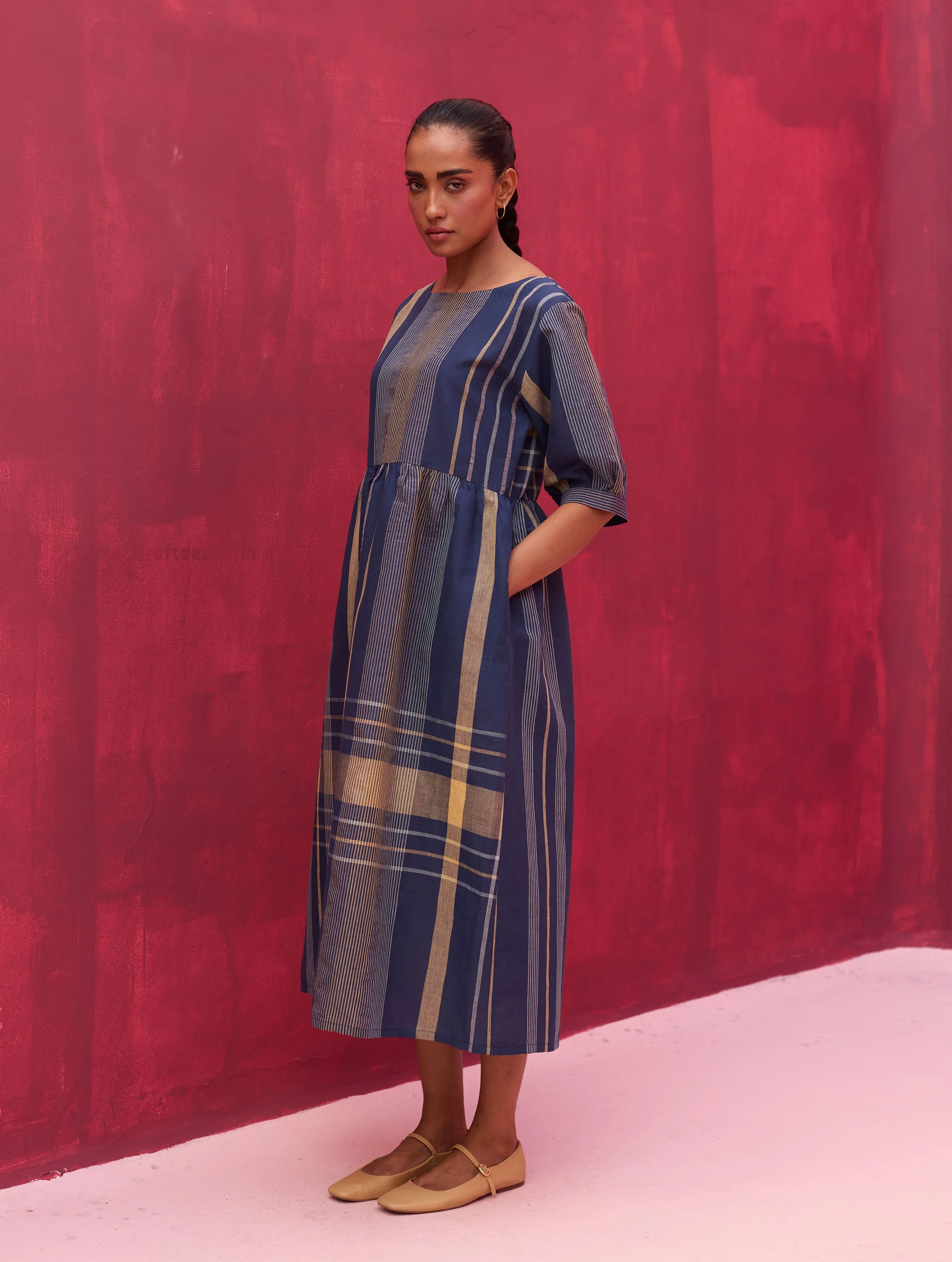 Nata Check Linen Dress - Navy