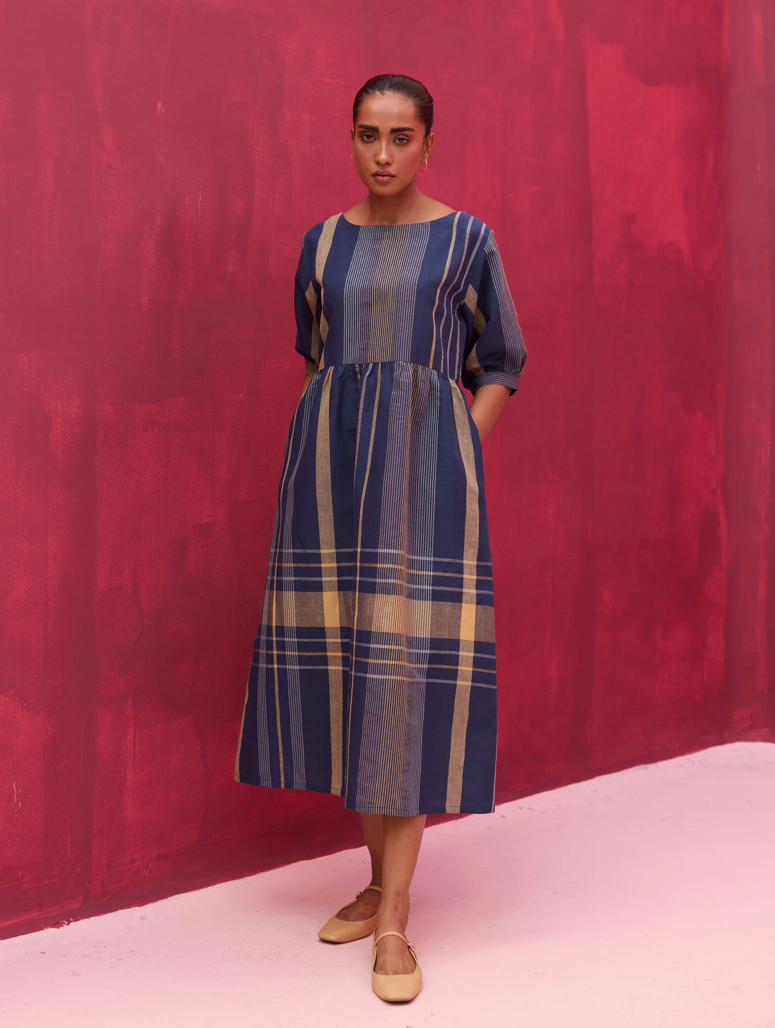 Nata Check Linen Dress - Navy