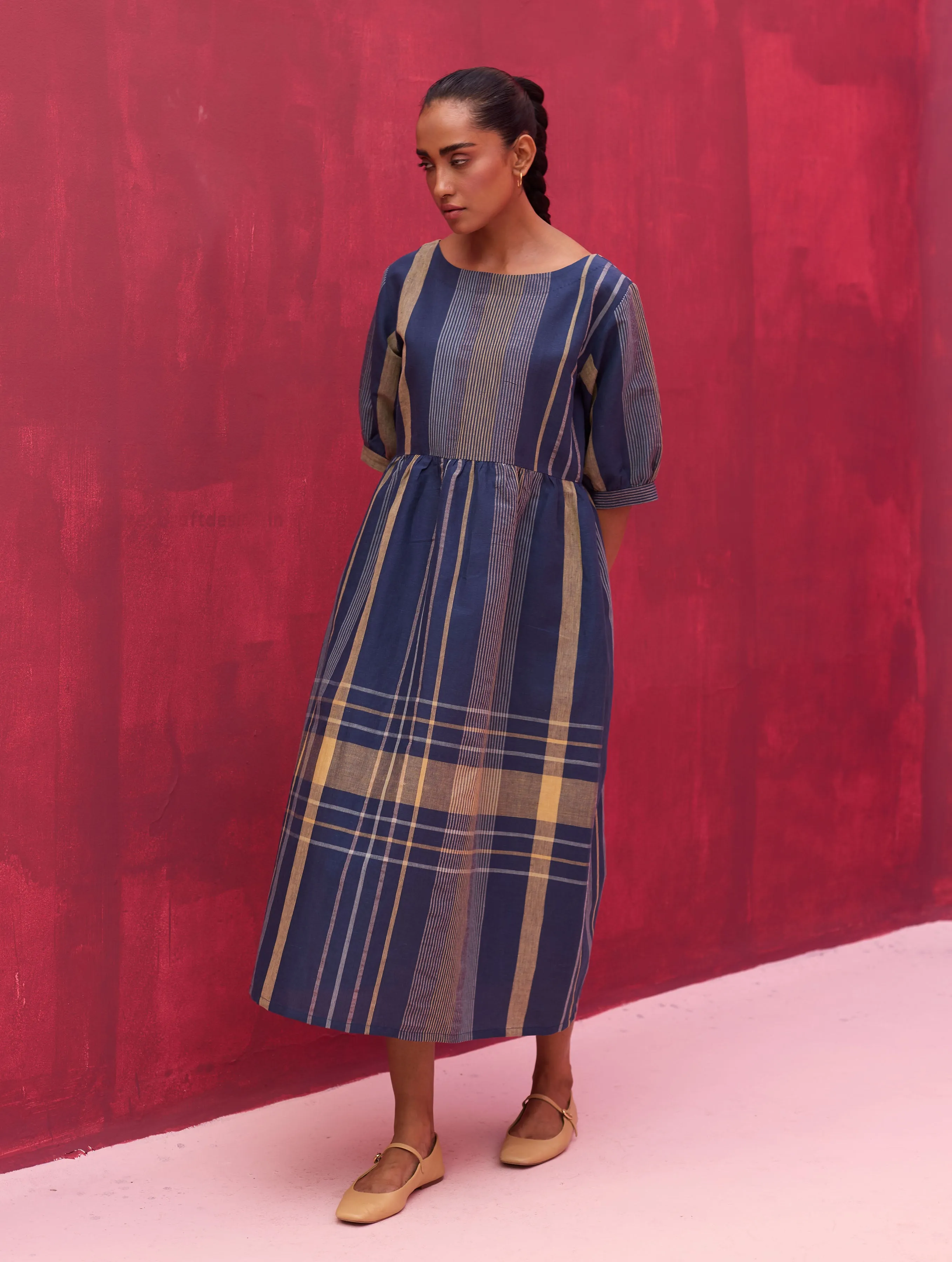 Nata Check Linen Dress - Navy