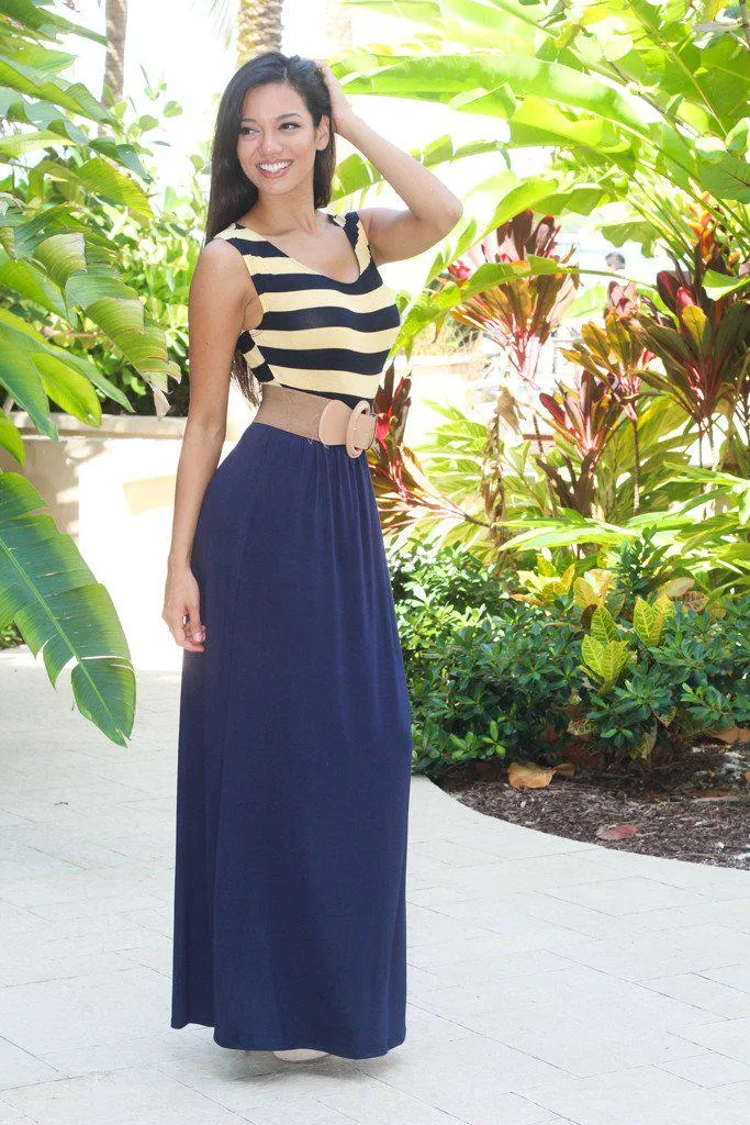 Navy and Yellow Maxi Dress with Belt