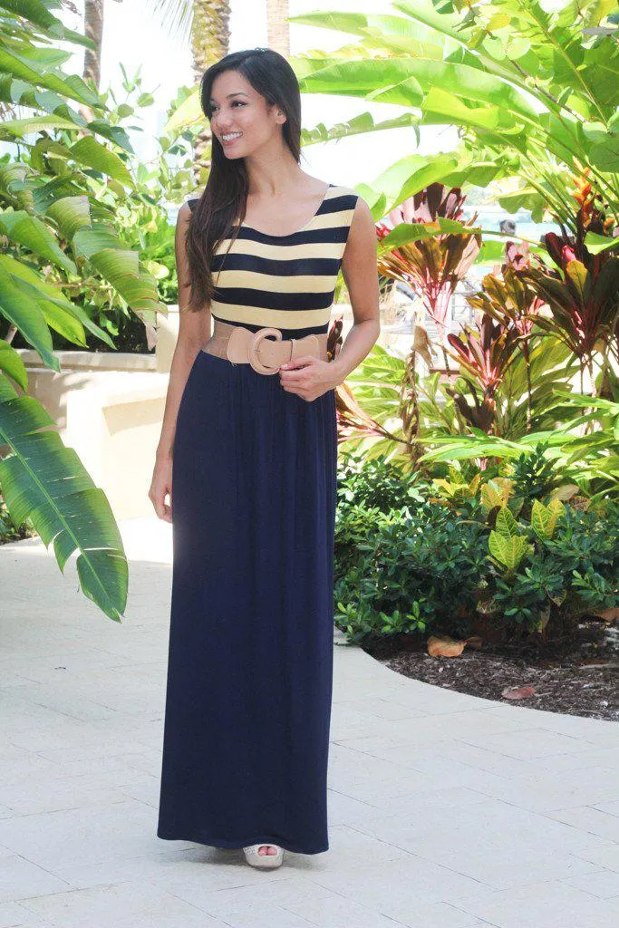 Navy and Yellow Maxi Dress with Belt