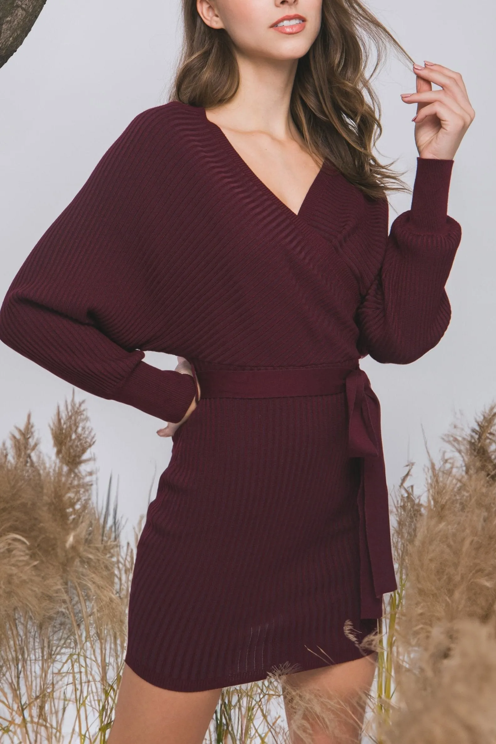 Off Shoulder Wrap Belted Ribbed Knit Dress