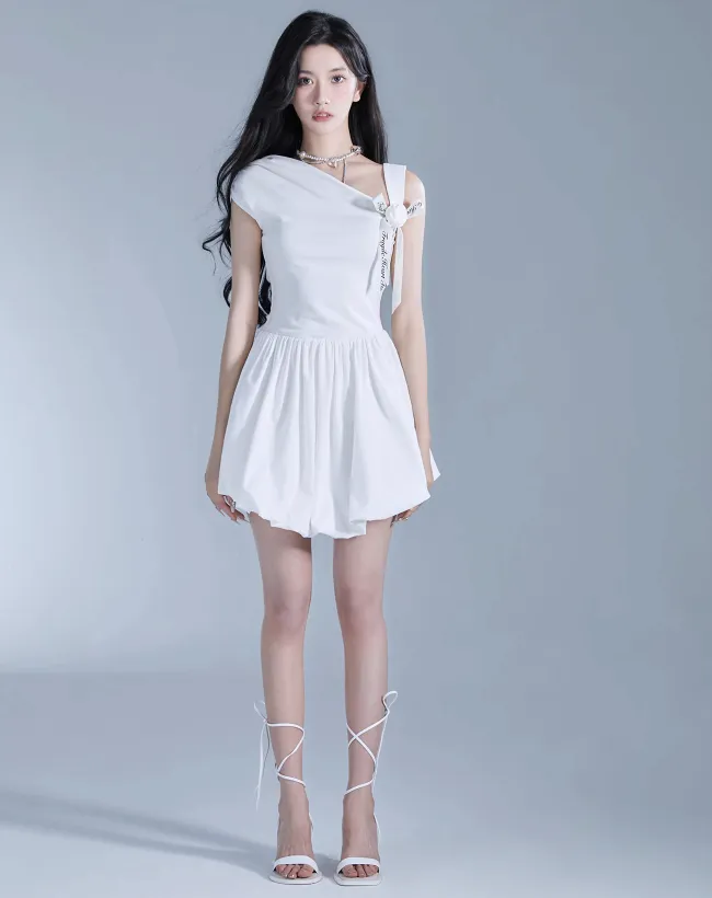 One-Shoulder Bow-Tie Mini Playsuit