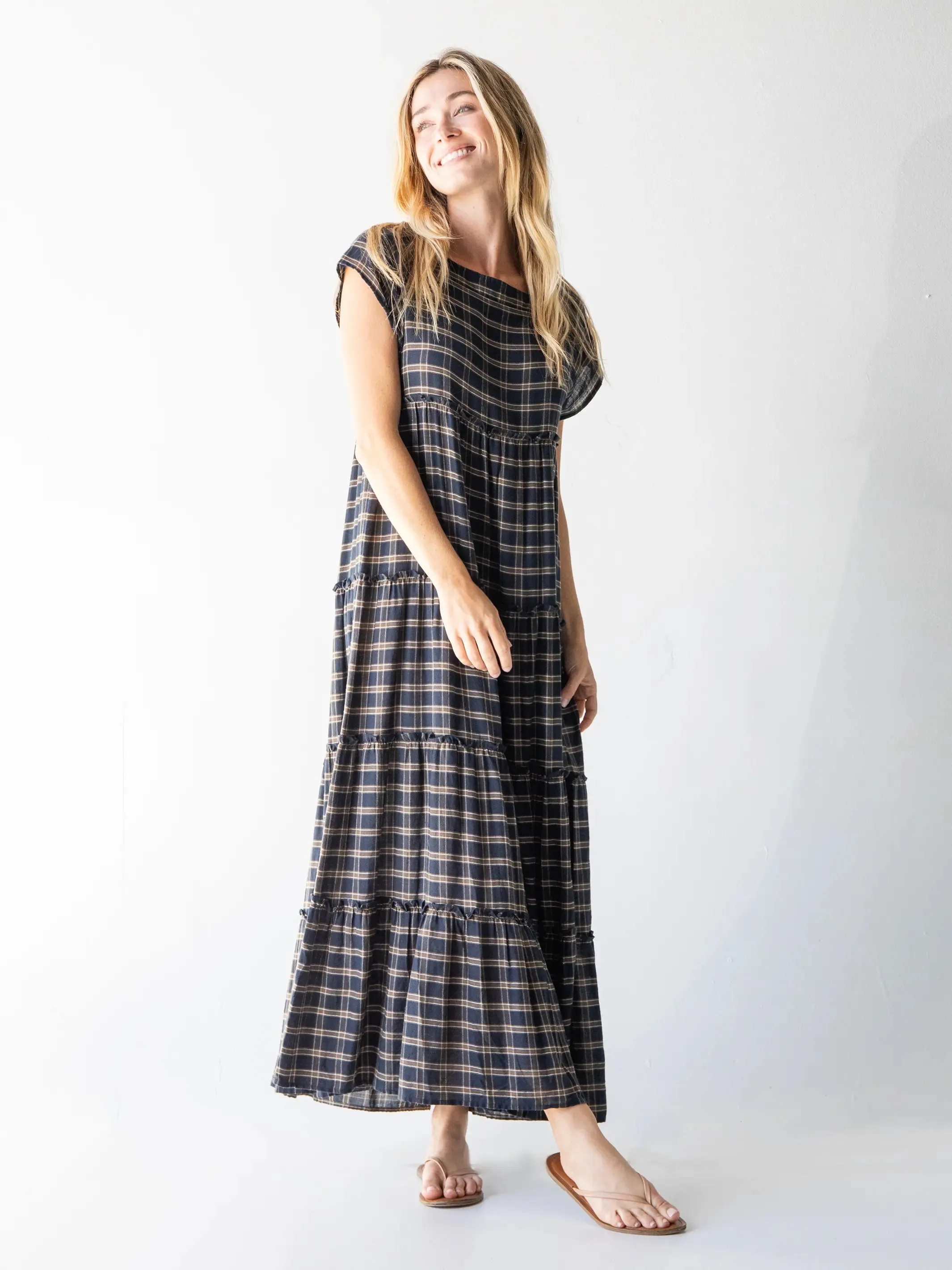 Plaid Berkley Maxi Dress - Navy Tan Plaid