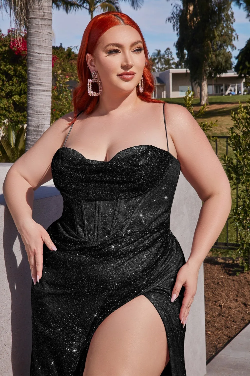 Plus-Size Glitter Gown w/ Cowl Neck, Sensual Bodice, Mermaid Silhouette, Leg Slit & Elegant Curve