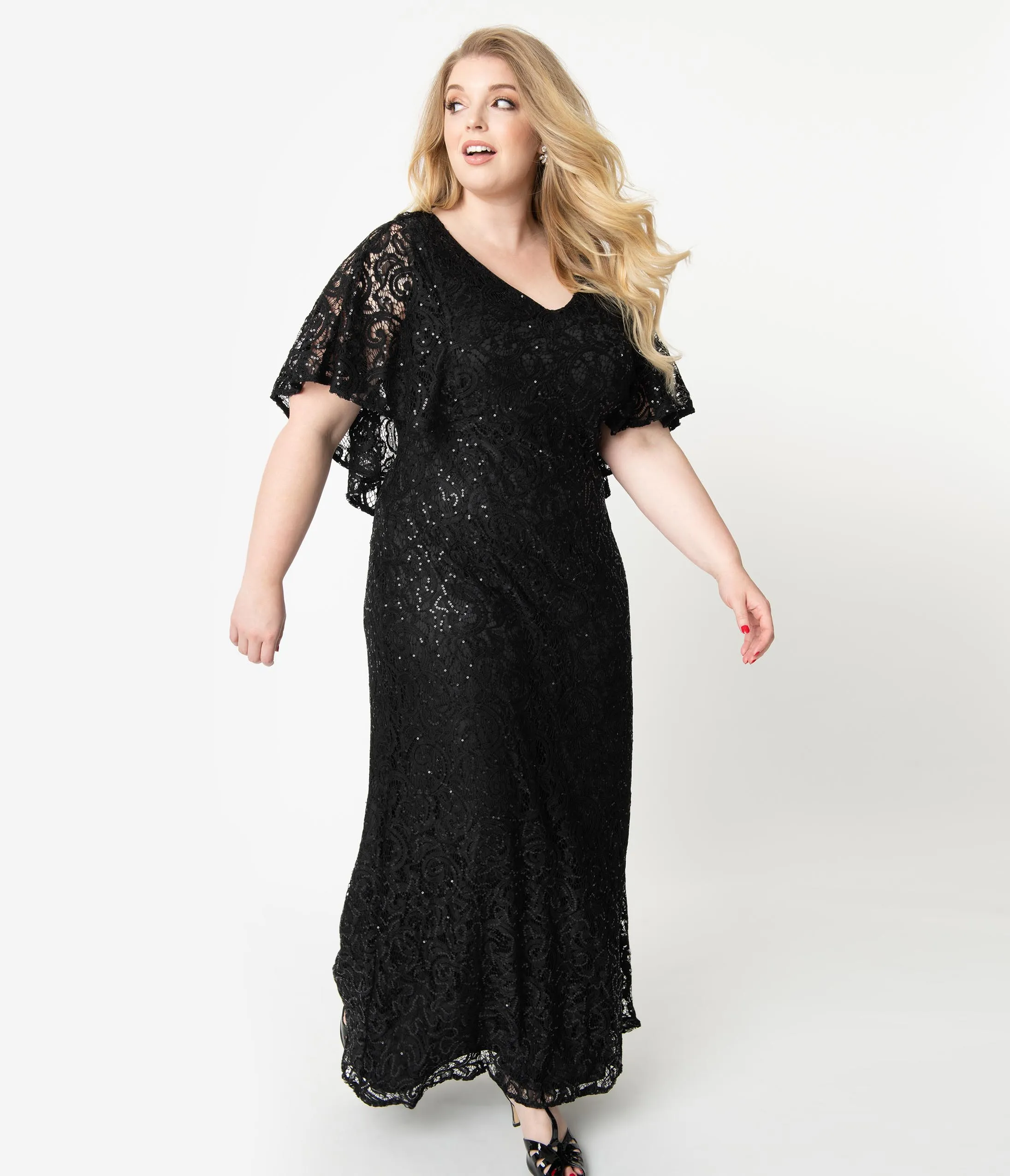 Plus Size Onyx Black Sequin Lace Cape Sleeve Celestial Gown