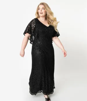 Plus Size Onyx Black Sequin Lace Cape Sleeve Celestial Gown