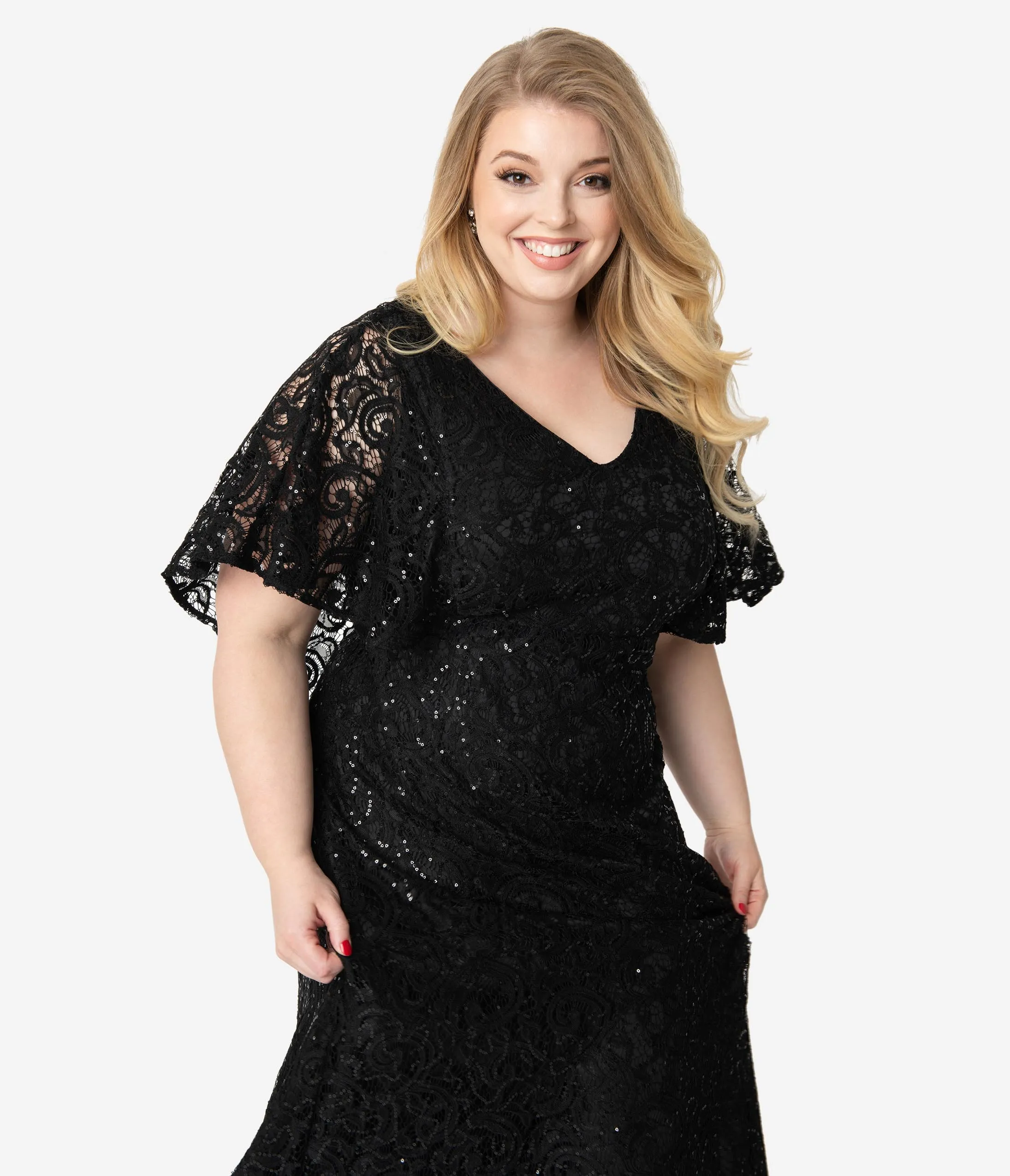 Plus Size Onyx Black Sequin Lace Cape Sleeve Celestial Gown