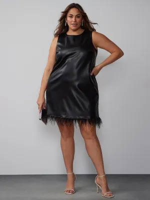 Plus Sleeveless Feather Trim PU Mini Dress