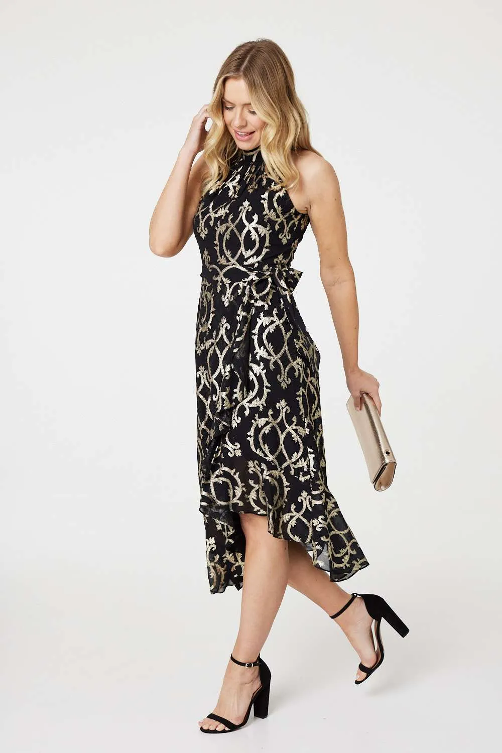 Printed High Low Halter-Neck Midi Dress