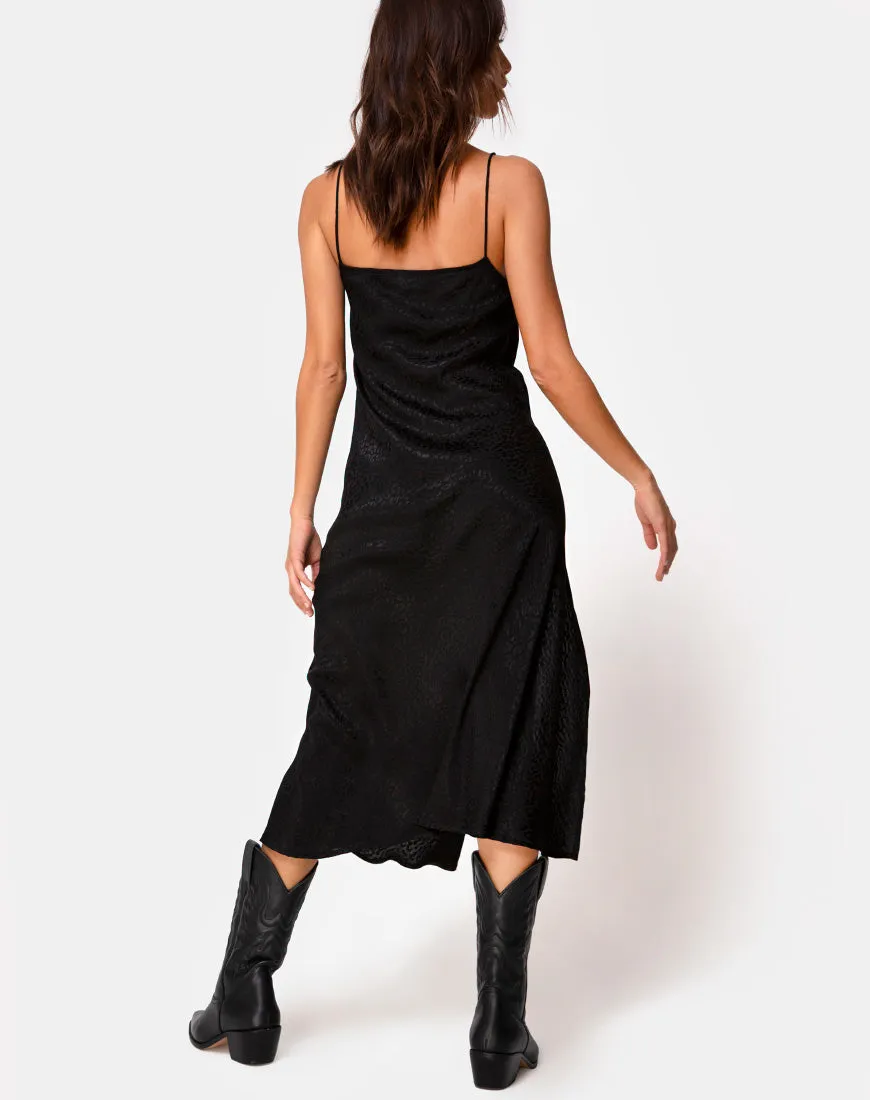 Quinty Midi Dress in Satin Cheetah Black