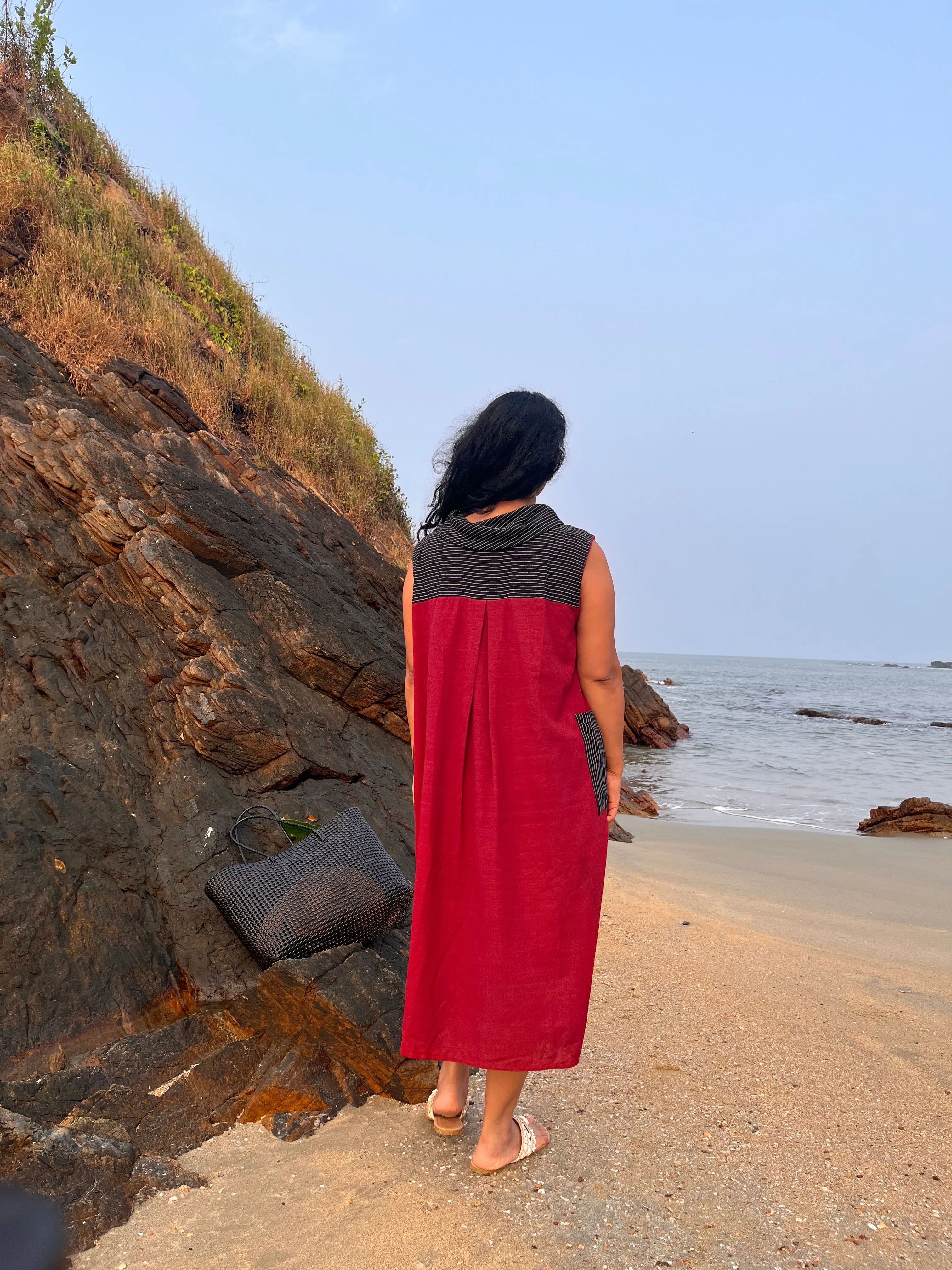 Red Cowl Neck Naturally Dyed Midi Dress