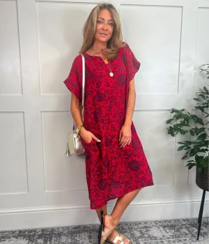 Red Floral Linen Look Dress