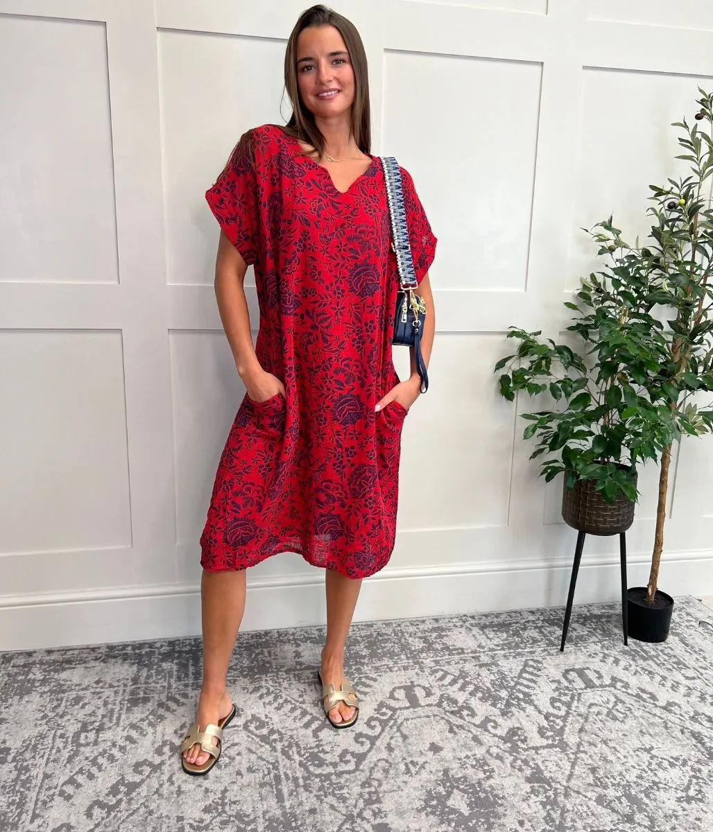 Red Floral Linen Look Dress