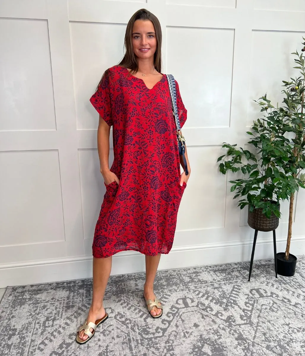 Red Floral Linen Look Dress