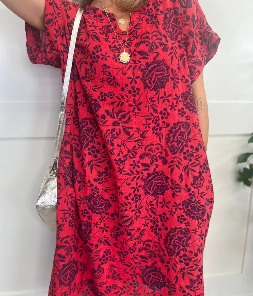 Red Floral Linen Look Dress