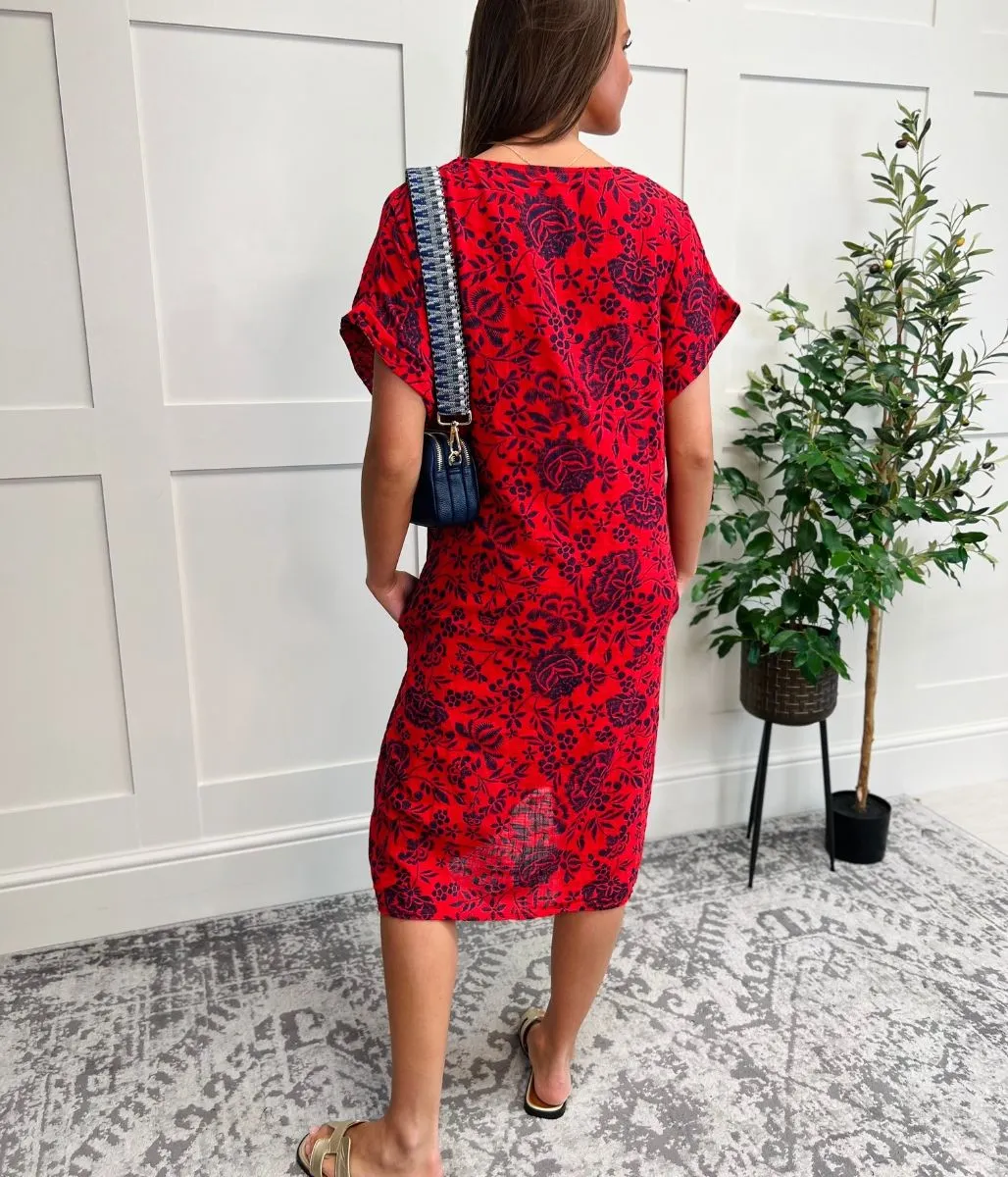 Red Floral Linen Look Dress