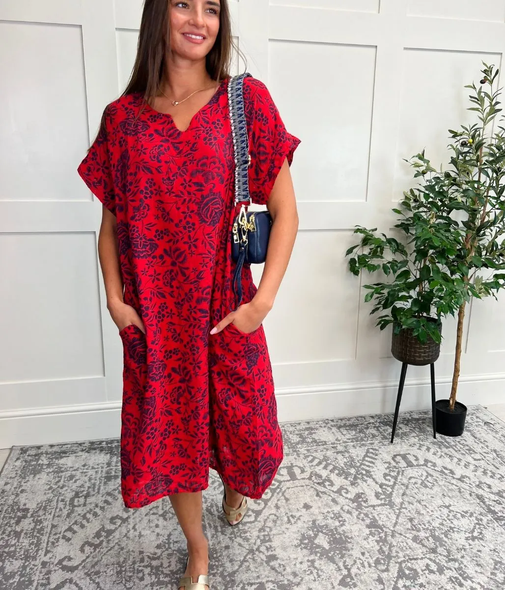 Red Floral Linen Look Dress