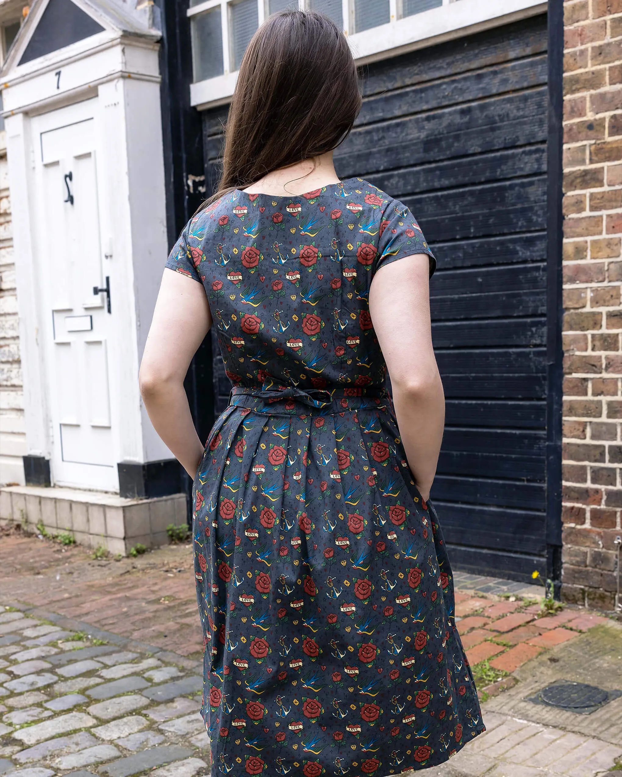 Retro Tattoo Stretch Belted Tea Dress with Pockets