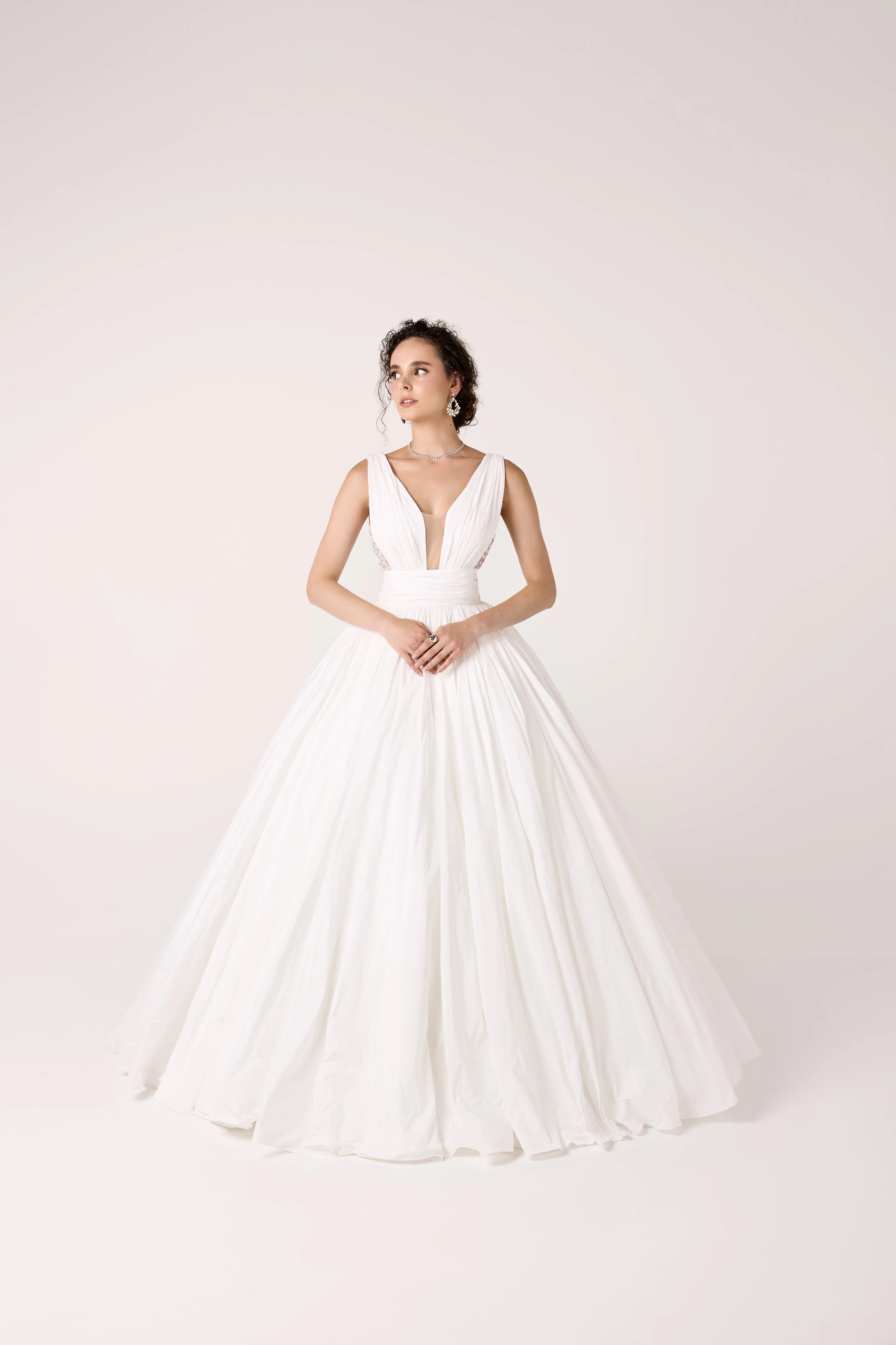 Romantic Taffeta Ball Gown with Beaded Corset Detailing and V-Neckline