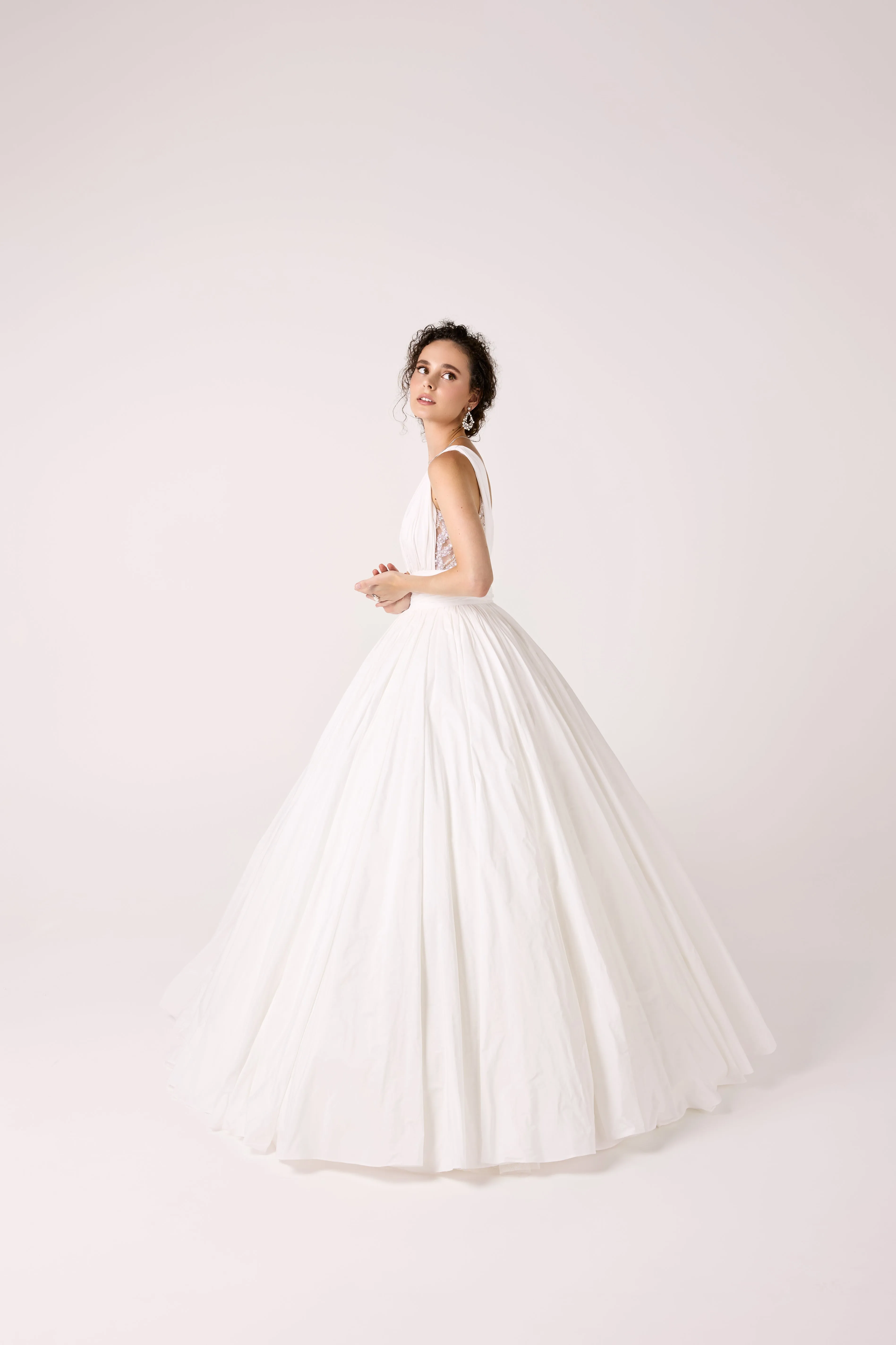 Romantic Taffeta Ball Gown with Beaded Corset Detailing and V-Neckline