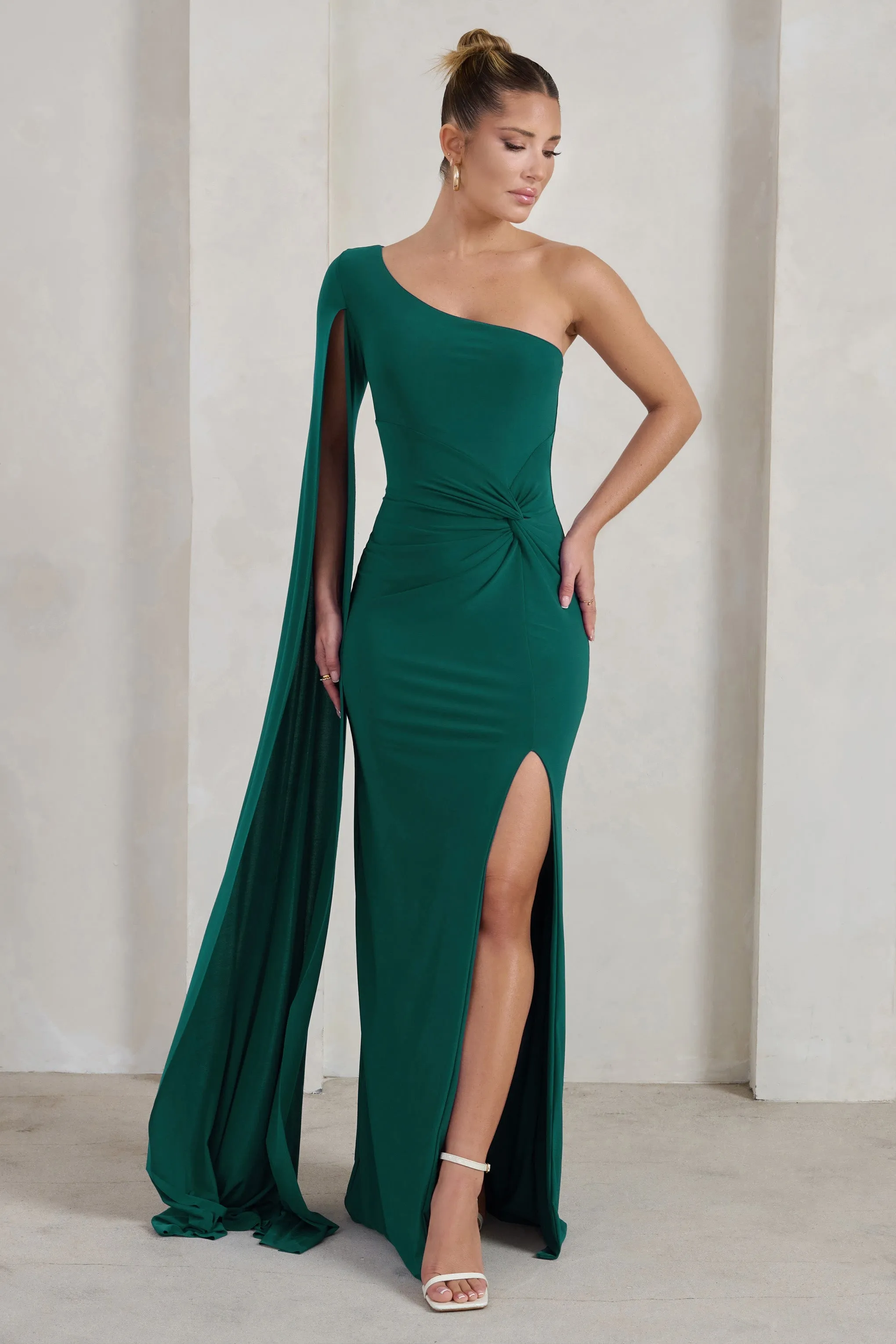 Romi | Bottle Green One Shoulder Twist Design Maxi Dress