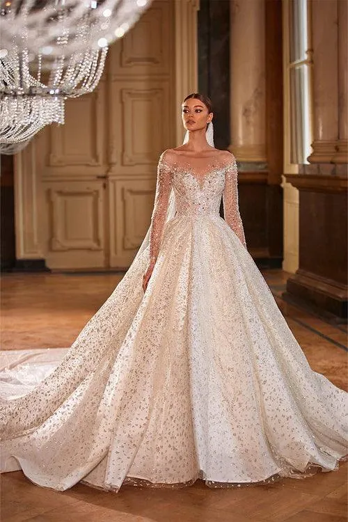 Royal French White Princess Bridal Dress: Long-Sleeved Wedding Dress with Sparkling Beads