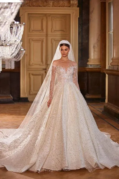 Royal French White Princess Bridal Dress: Long-Sleeved Wedding Dress with Sparkling Beads