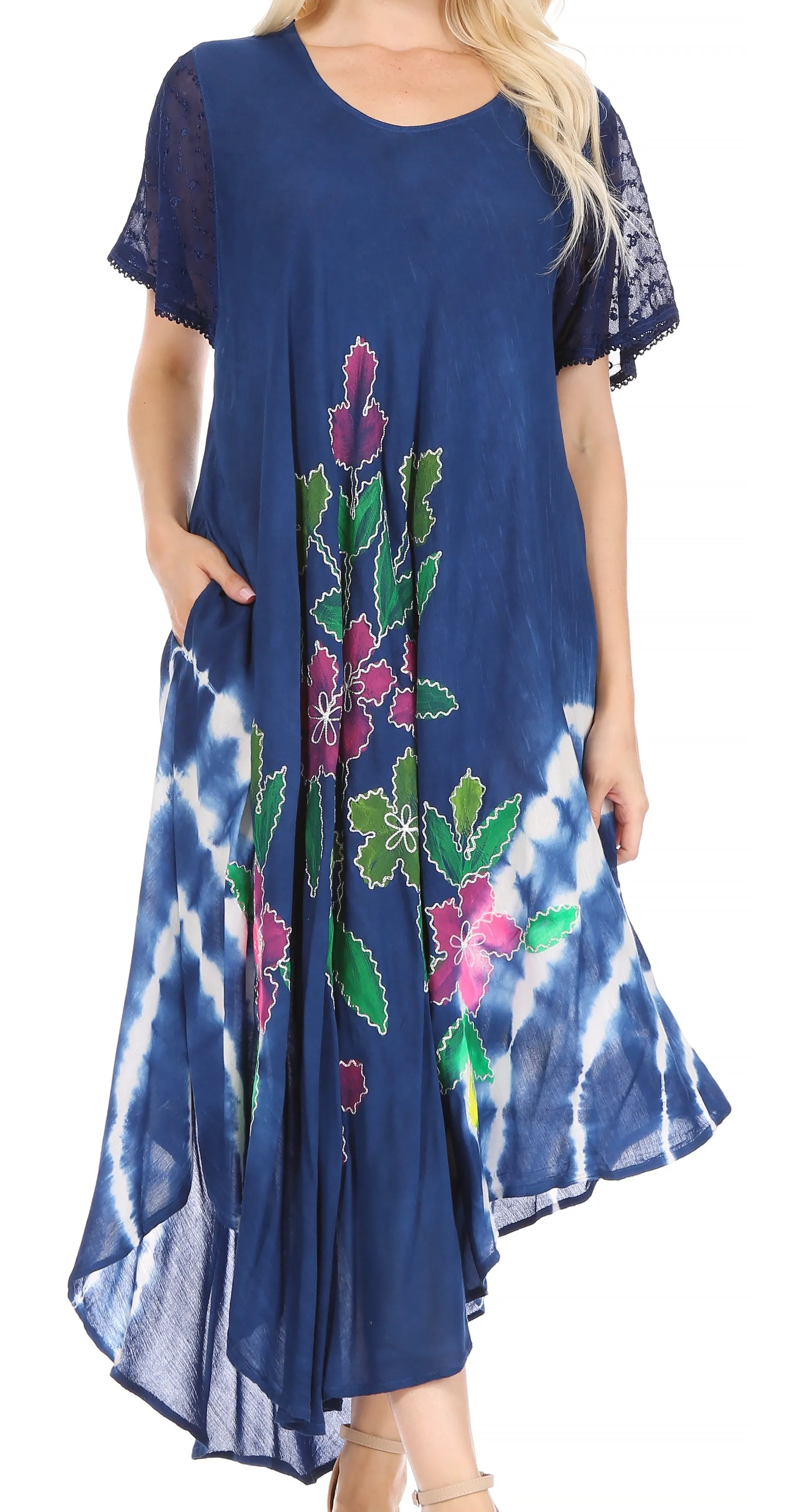 Sakkas Embroidered Painted Floral Cap Sleeve Rayon Dress