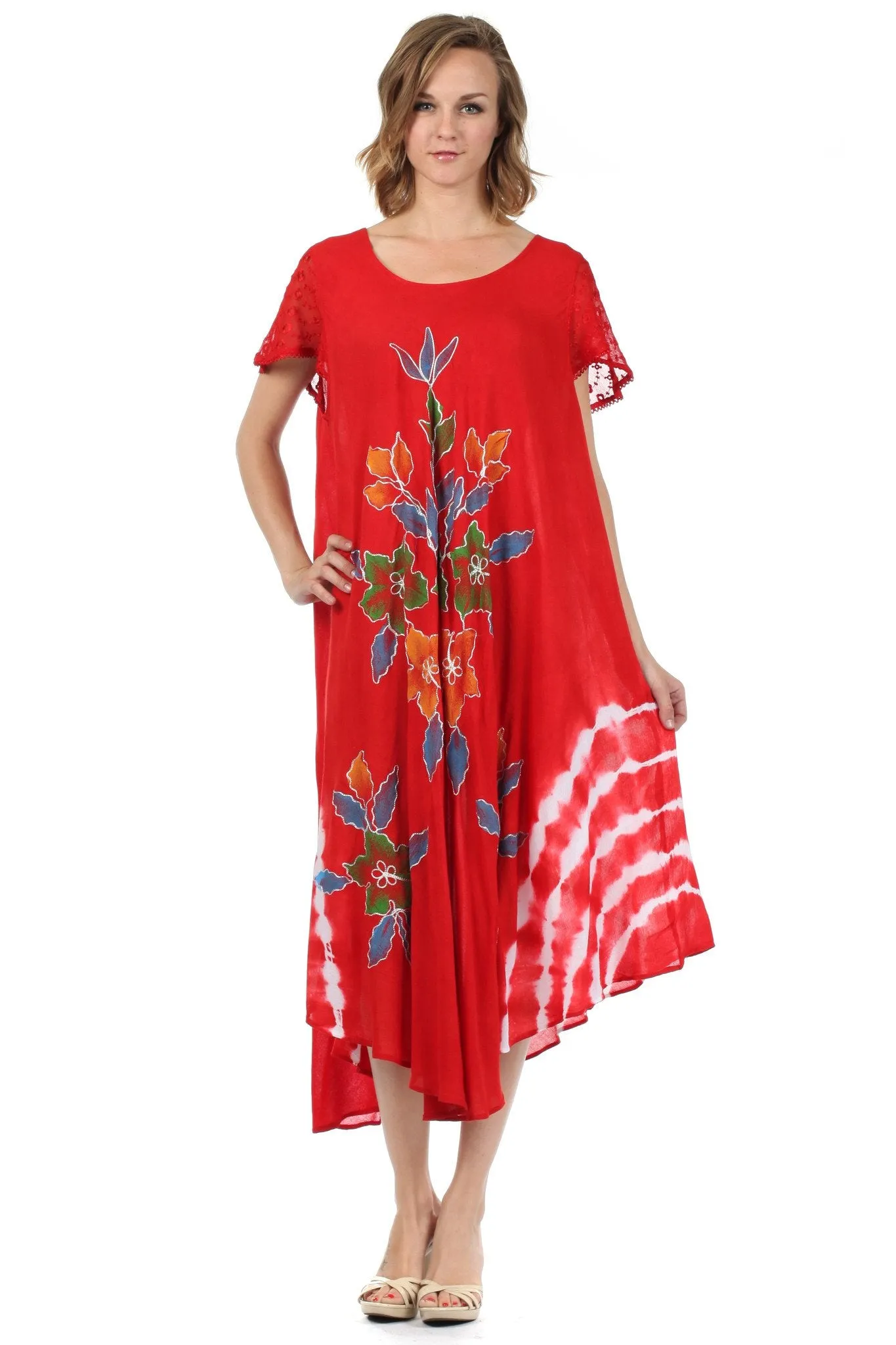 Sakkas Embroidered Painted Floral Cap Sleeve Rayon Dress