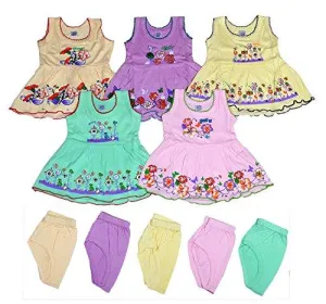 Sathiyas Akash 100% Hosiery cotton Baby Girls Colorful Fancy Dresses - (Set of 5 Dresses) (0-3 Months)