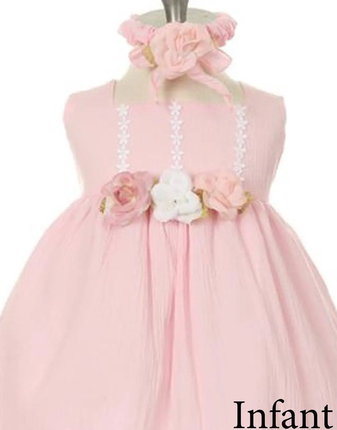 Sleeveless Linen Dress with Flower Trims - Pink