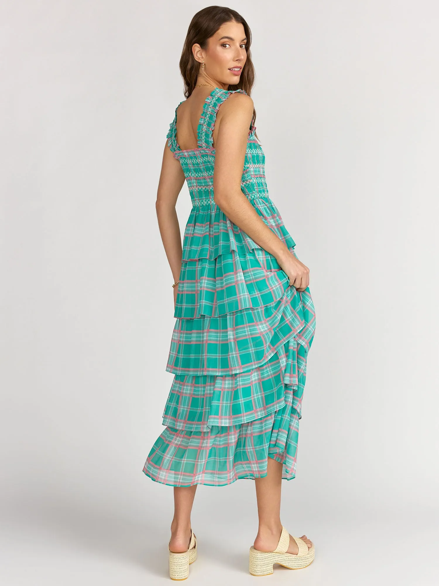 Sleeveless Plaid Smocked Tiered Dress