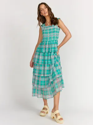 Sleeveless Plaid Smocked Tiered Dress