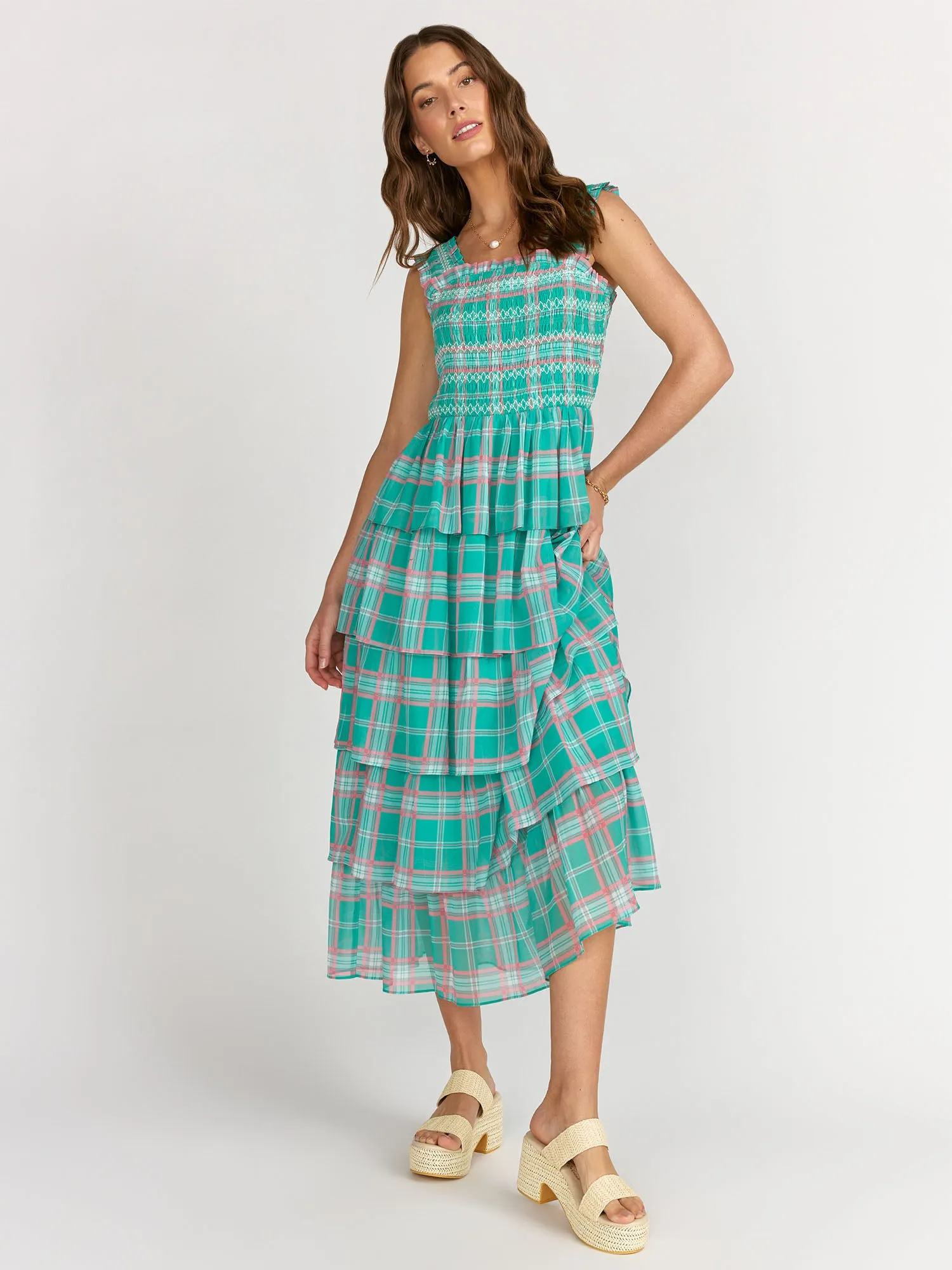 Sleeveless Plaid Smocked Tiered Dress