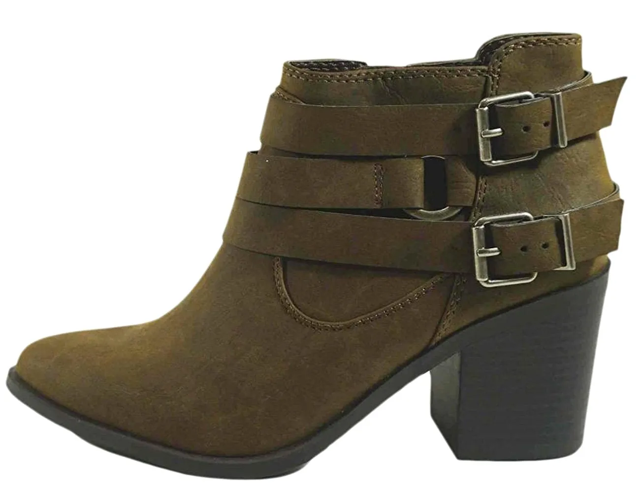 Soda Women's Strappy Buckle Moto Stacked Chunky Heel Ankle Bootie