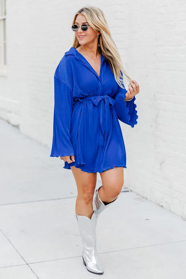 Something To Say Cobalt Blue Plisse Mini Button Up Dress FINAL SALE