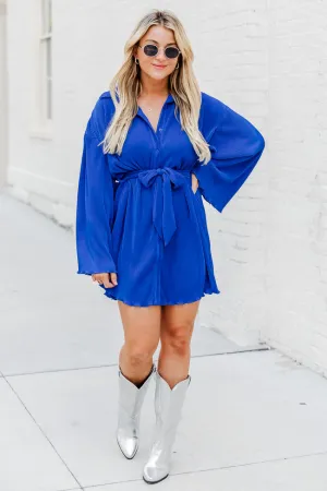 Something To Say Cobalt Blue Plisse Mini Button Up Dress FINAL SALE