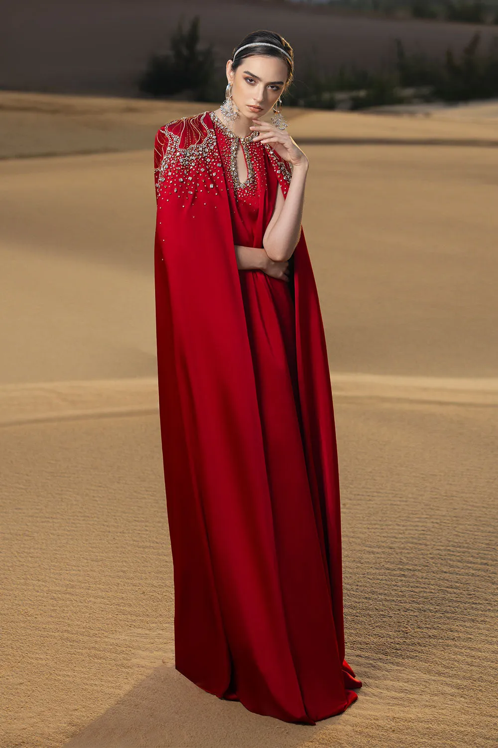 Sophistic Cape Keyhole Neck Velvet Satin Maxi Set