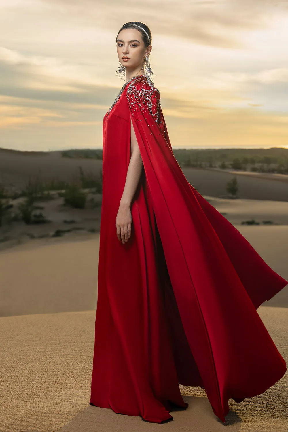 Sophistic Cape Keyhole Neck Velvet Satin Maxi Set