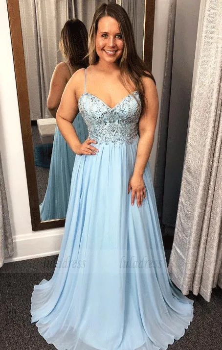 Spaghetti Straps Beaded Sky Blue Long Prom Dress