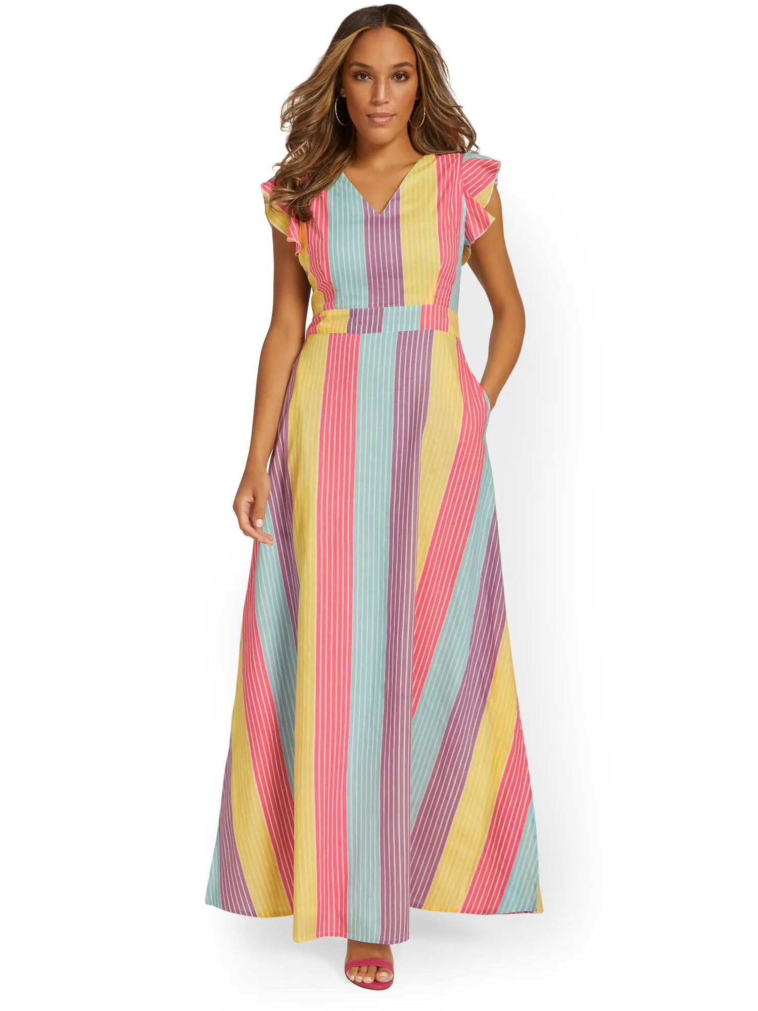 Striped V-Neck Poplin Maxi Dress