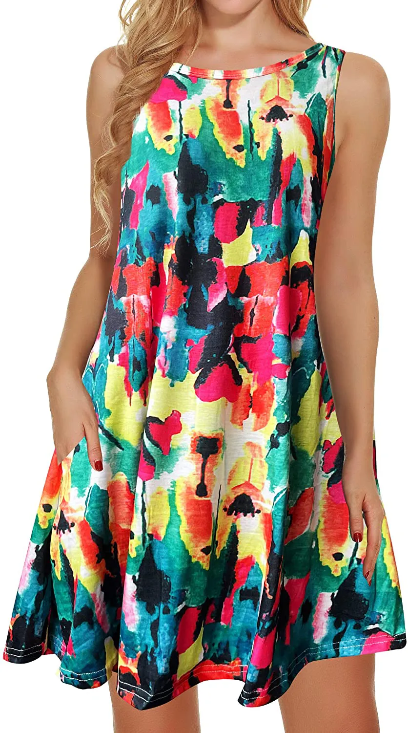 Summer Dresses for Women Beach Floral Tshirt Sundress Sleeveless Pockets Casual Loose Tank Dress