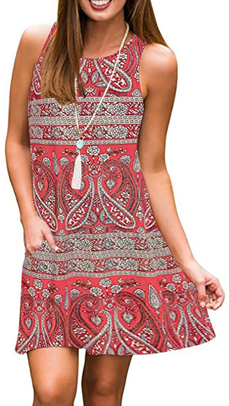 Summer Dresses for Women Beach Floral Tshirt Sundress Sleeveless Pockets Casual Loose Tank Dress