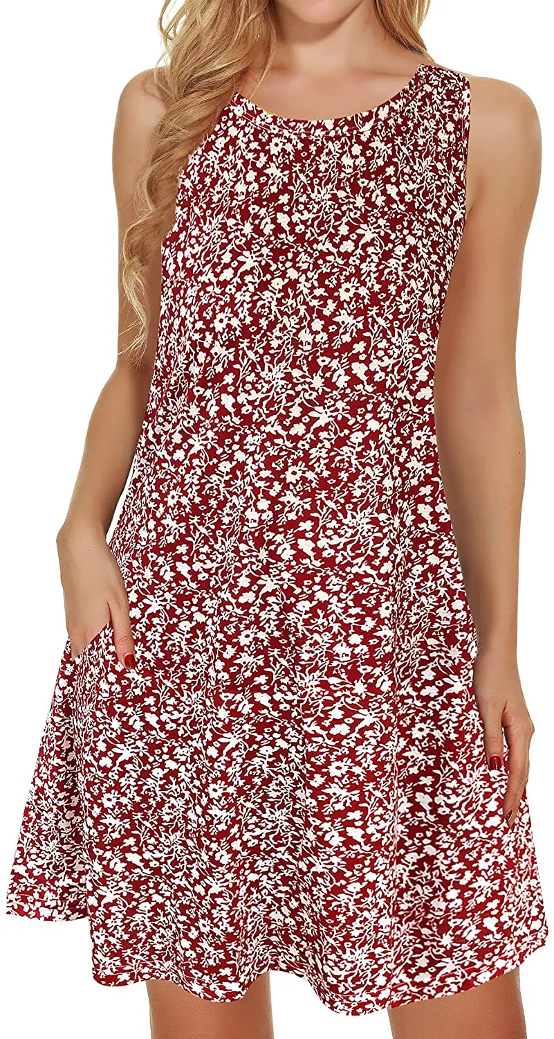 Summer Dresses for Women Beach Floral Tshirt Sundress Sleeveless Pockets Casual Loose Tank Dress