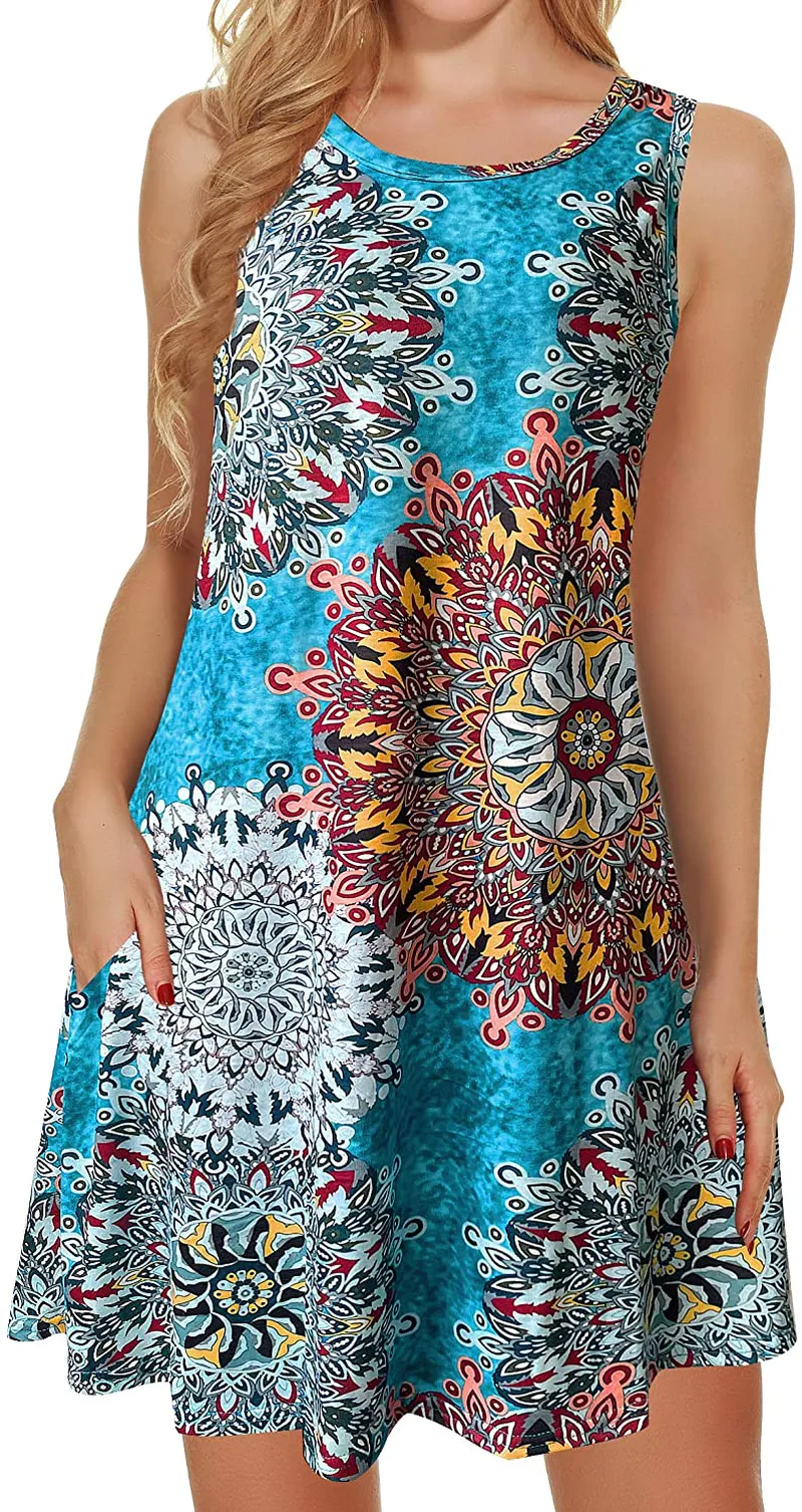 Summer Dresses for Women Beach Floral Tshirt Sundress Sleeveless Pockets Casual Loose Tank Dress