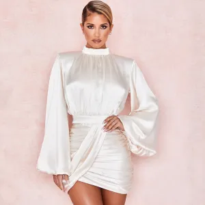 Trendy Satin High Neck Balloon Sleeve Party Mini Dress - White