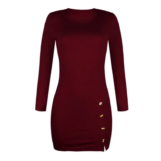 Trendy Side Split Long Sleeve Mini Dress With Fashion Buttons