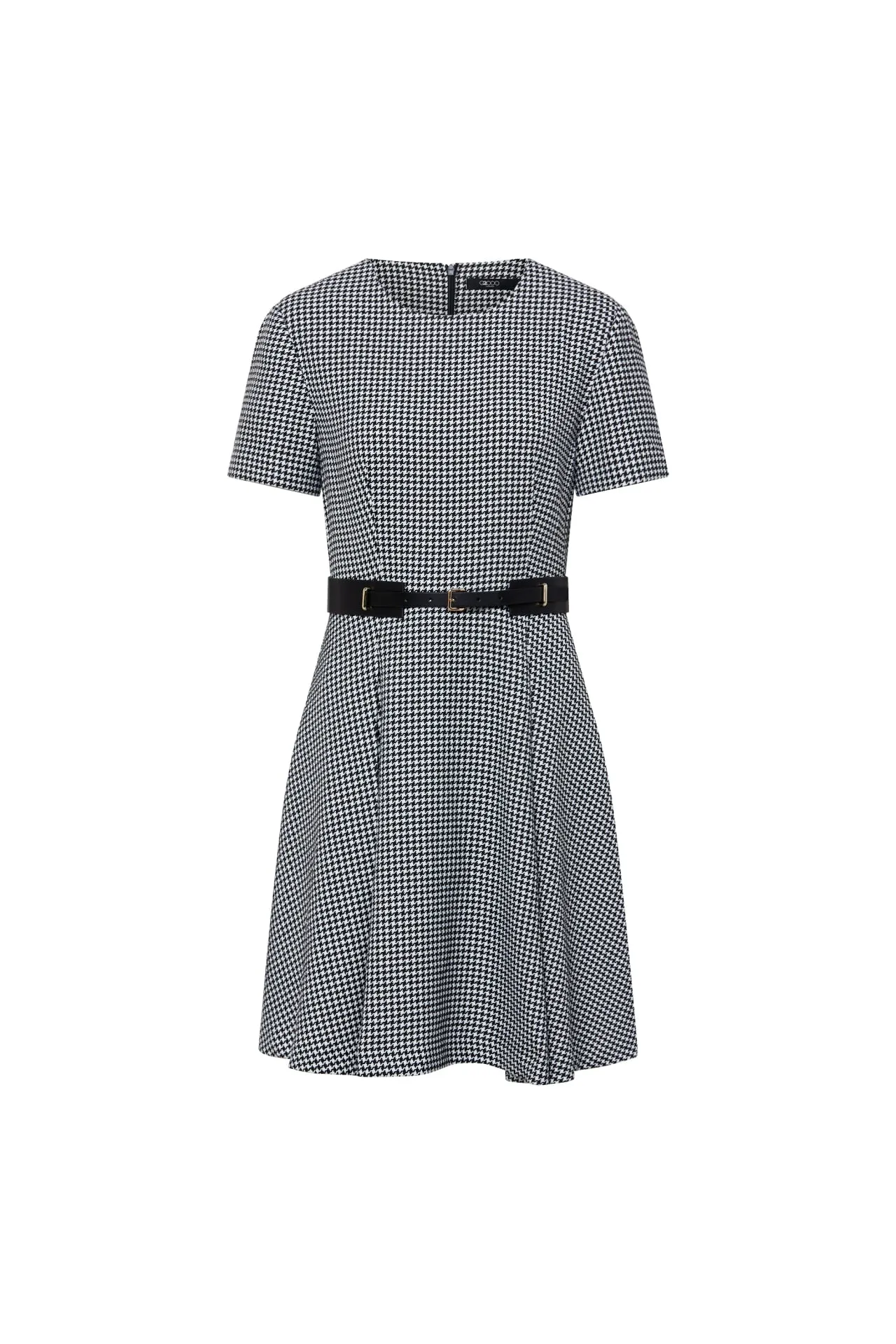 Twiggy Stretchable Houndstooth Jacquard High Waist Dress with Belt