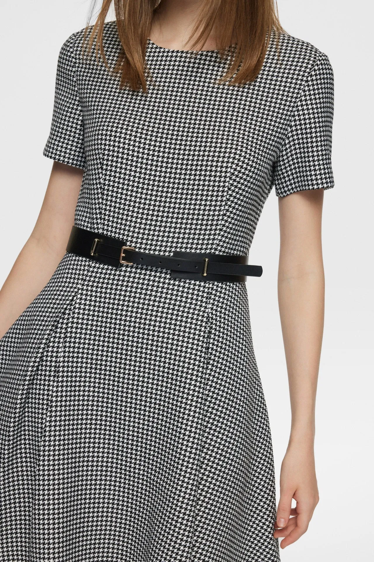 Twiggy Stretchable Houndstooth Jacquard High Waist Dress with Belt